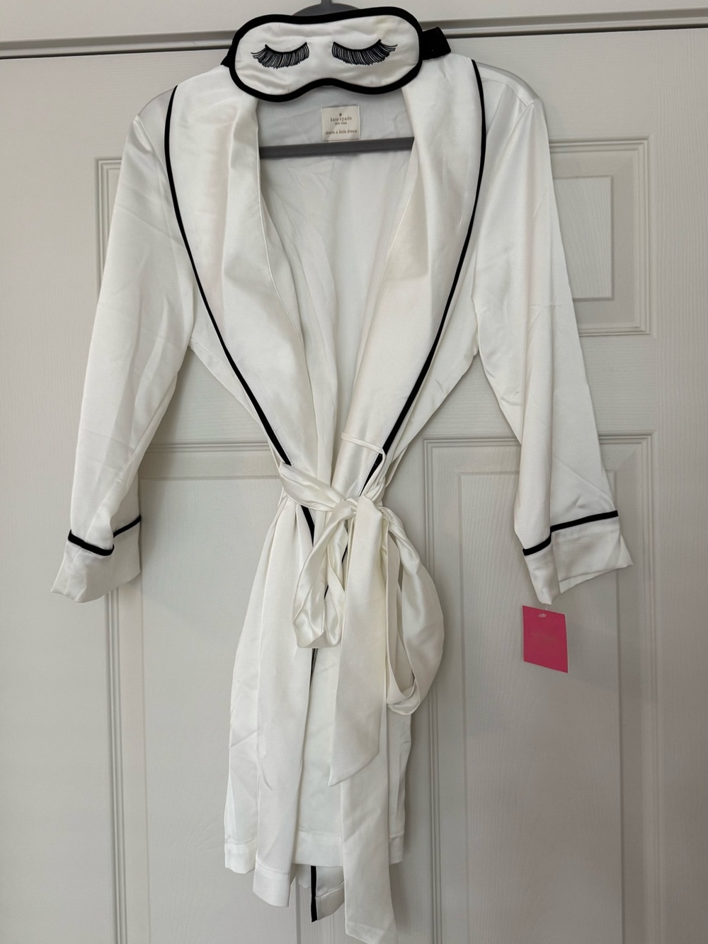 Kate Spade Women's White Satin Robe with Black Trim and Matching Eye Mask